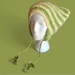 crochet brushed lime green and cream cat ear beanie with four leaf clover charms